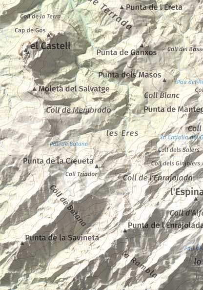 Mapa de relieve de Moleta de les Canals, 1070 m, Baix Ebre · Terra Alta, lámina 100 Cims de Trobart. Detalle de la zona inferior izquierda. 21 × 30 cm.