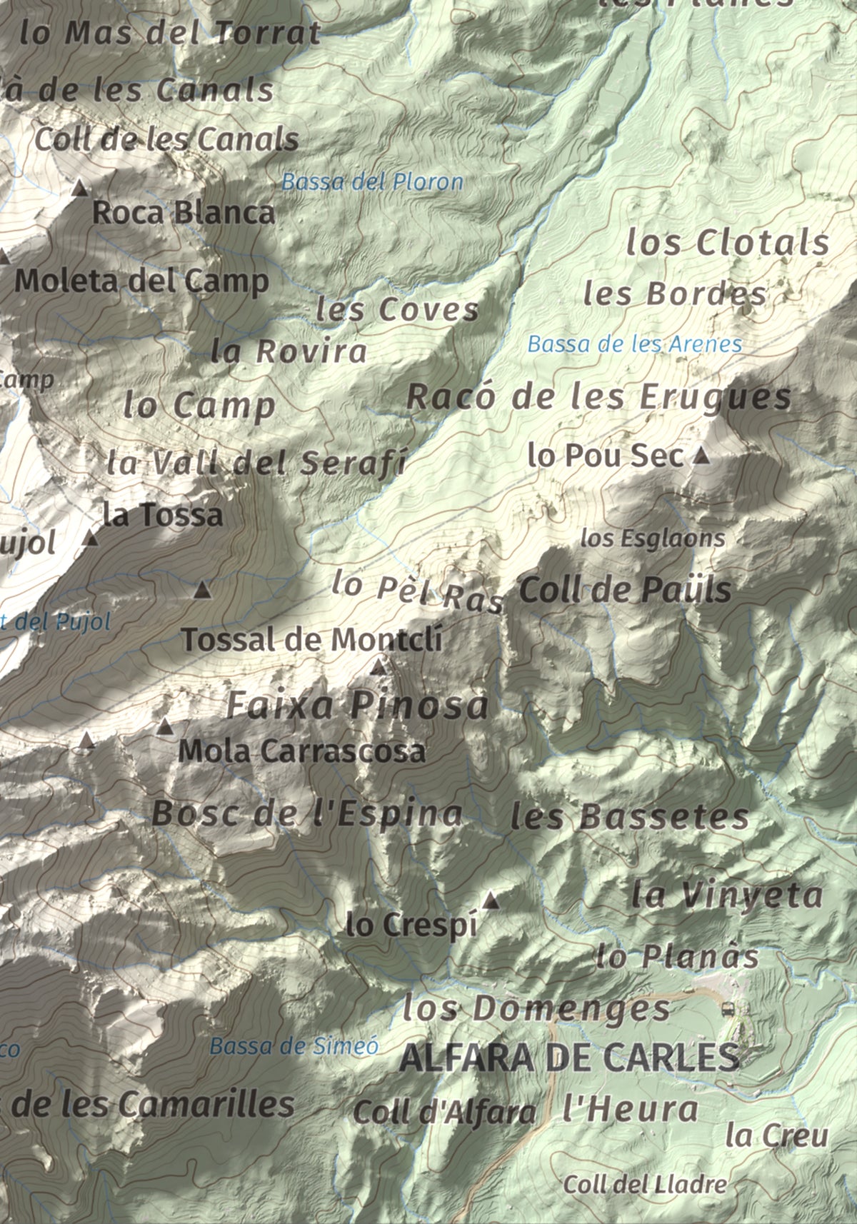 Mapa de relieve de Moleta de les Canals, 1070 m, Baix Ebre · Terra Alta, lámina 100 Cims de Trobart. Detalle de la zona inferior derecha. 21 × 30 cm.