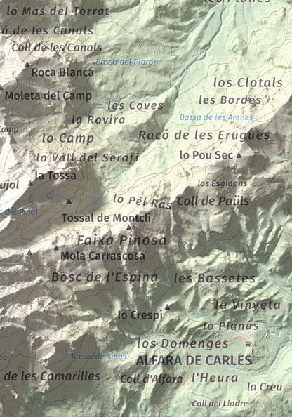 Mapa de relieve de Moleta de les Canals, 1070 m, Baix Ebre · Terra Alta, lámina 100 Cims de Trobart. Detalle de la zona inferior derecha. 21 × 30 cm.