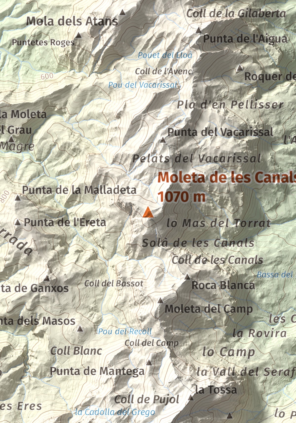 Mapa de relieve de Moleta de les Canals, 1070 m, Baix Ebre · Terra Alta, lámina 100 Cims de Trobart. Detalle de la zona central. 21 × 30 cm.
