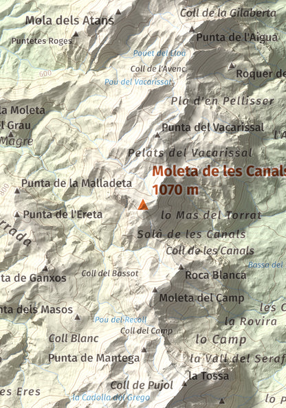 Mapa de relieve de Moleta de les Canals, 1070 m, Baix Ebre · Terra Alta, lámina 100 Cims de Trobart. Detalle de la zona central. 21 × 30 cm.
