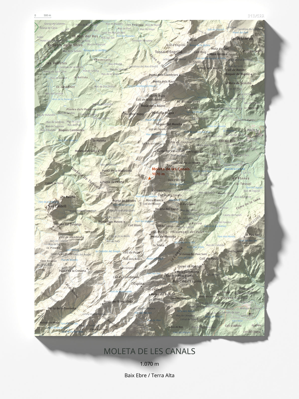 Mapa de relieve de Moleta de les Canals, 1070 m, Baix Ebre · Terra Alta, lámina 100 Cims de Trobart 30 × 40 cm.