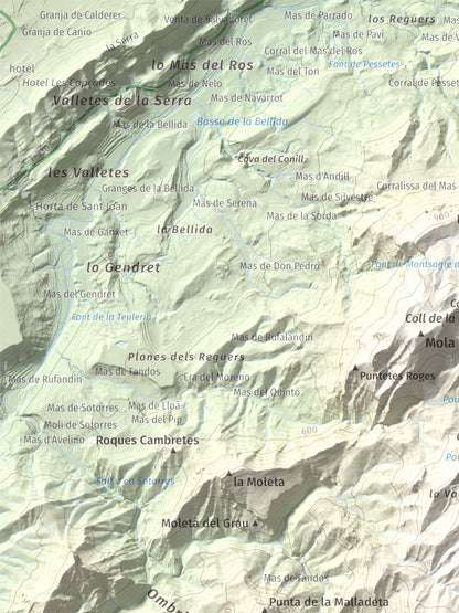 Mapa de relieve de Moleta de les Canals, 1070 m, Baix Ebre · Terra Alta, lámina 100 Cims de Trobart. Detalle de la zona superior izquierda. 30 × 40 cm.