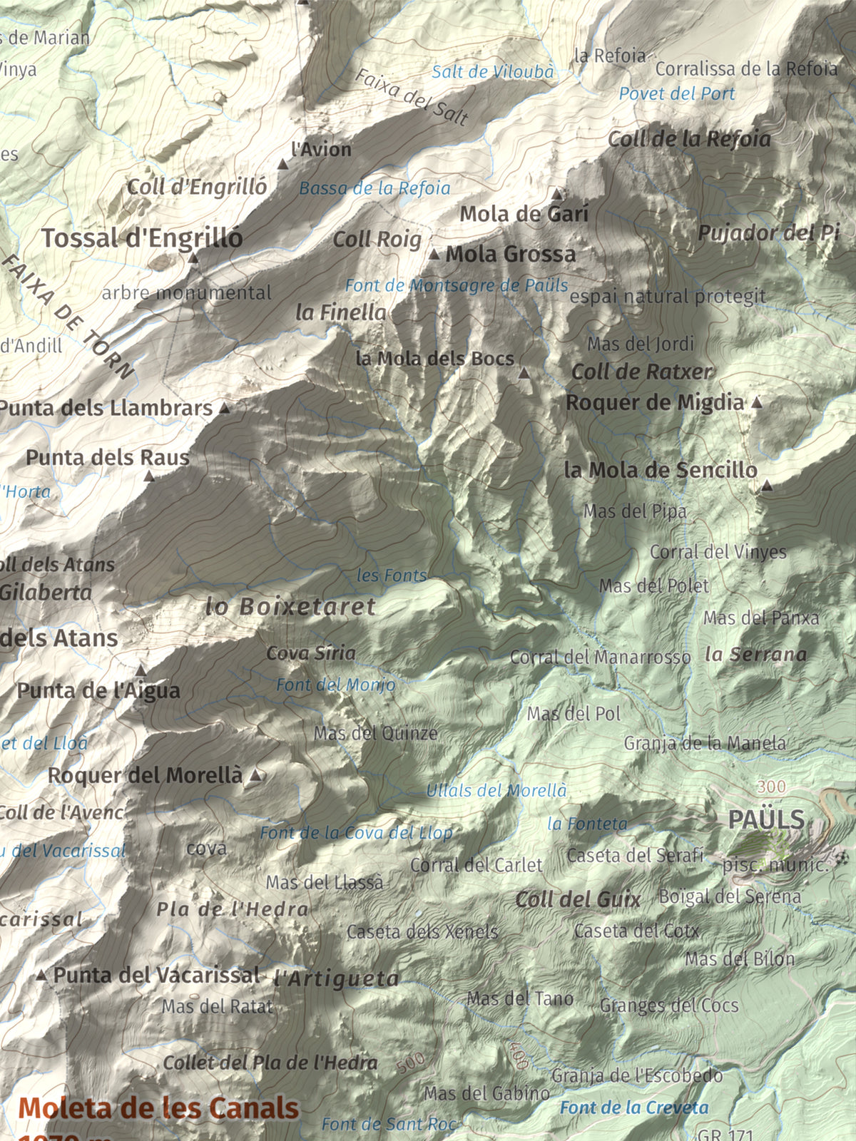 Mapa de relieve de Moleta de les Canals, 1070 m, Baix Ebre · Terra Alta, lámina 100 Cims de Trobart. Detalle de la zona superior derecha. 30 × 40 cm.