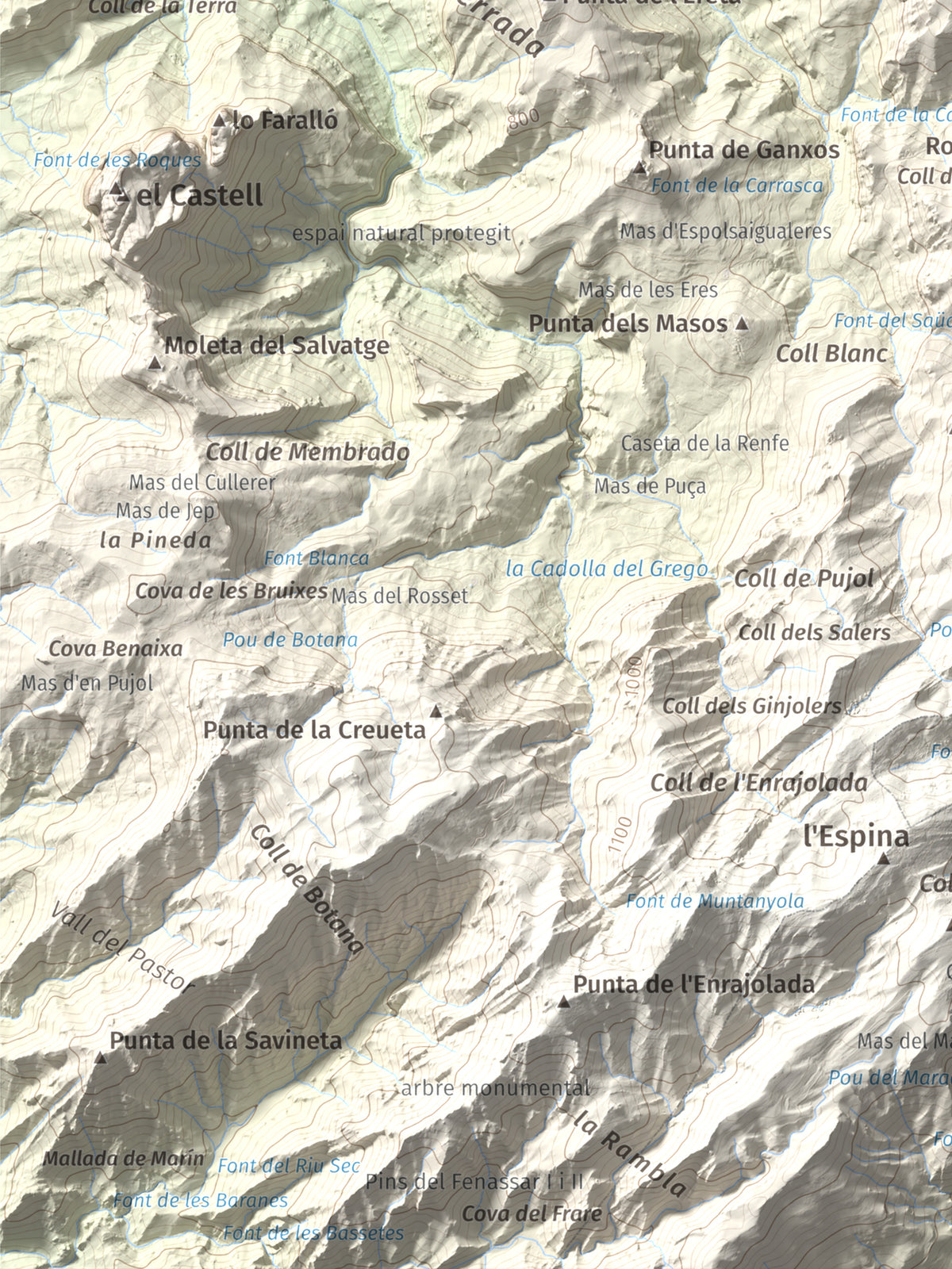 Mapa de relieve de Moleta de les Canals, 1070 m, Baix Ebre · Terra Alta, lámina 100 Cims de Trobart. Detalle de la zona inferior izquierda. 30 × 40 cm.
