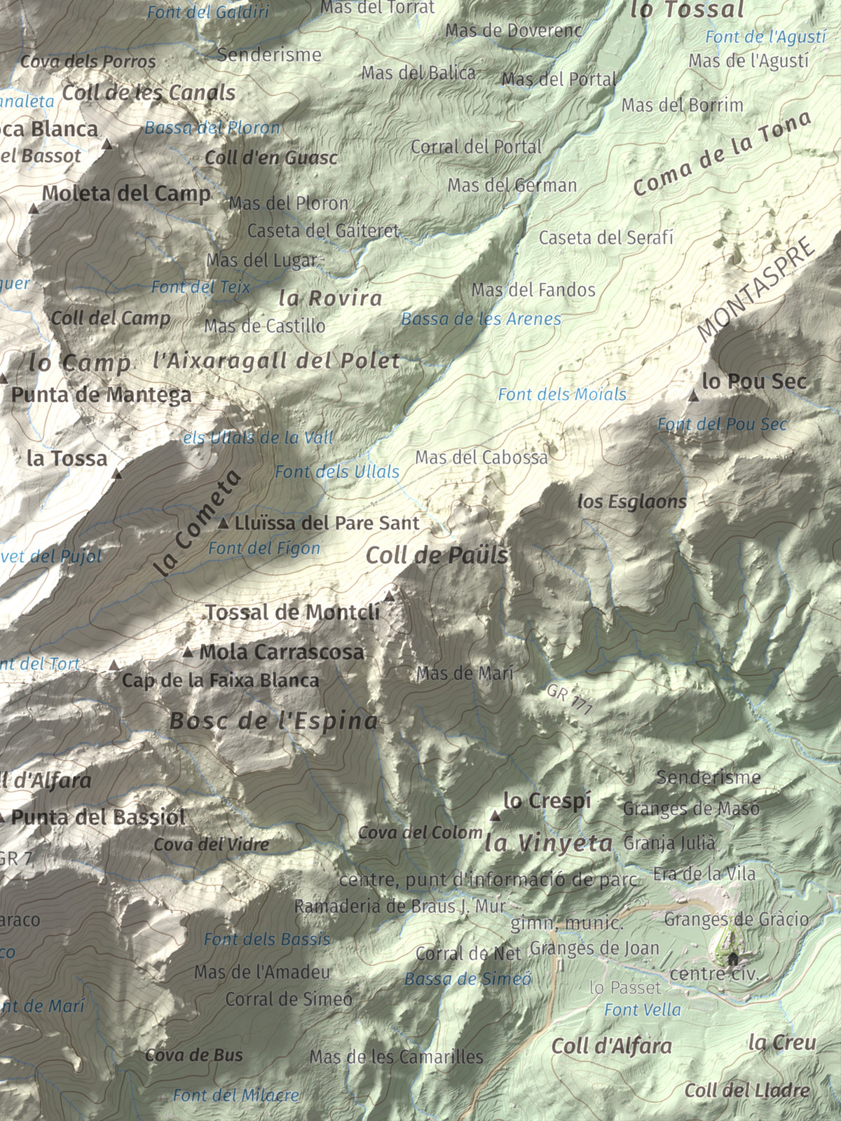 Mapa de relieve de Moleta de les Canals, 1070 m, Baix Ebre · Terra Alta, lámina 100 Cims de Trobart. Detalle de la zona inferior derecha. 30 × 40 cm.