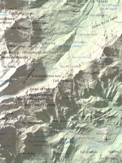Mapa de relieve de Moleta de les Canals, 1070 m, Baix Ebre · Terra Alta, lámina 100 Cims de Trobart. Detalle de la zona inferior derecha. 30 × 40 cm.