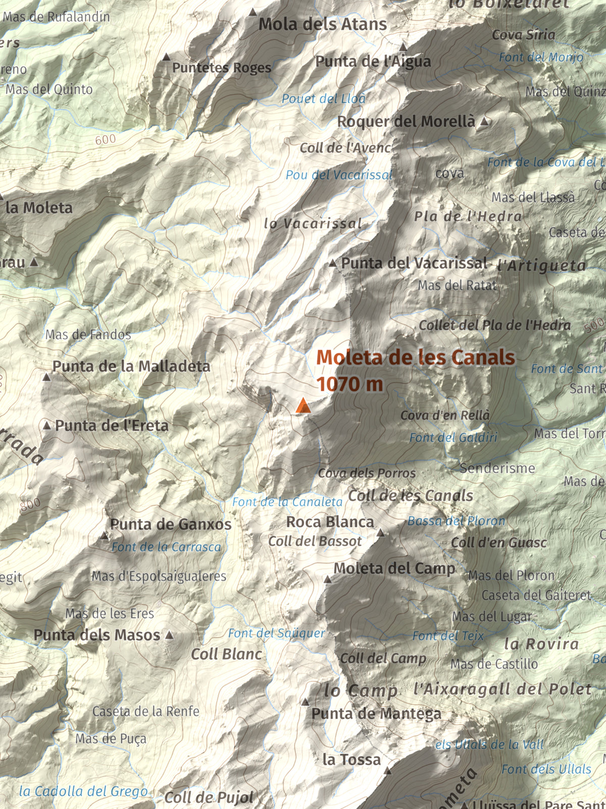 Mapa de relieve de Moleta de les Canals, 1070 m, Baix Ebre · Terra Alta, lámina 100 Cims de Trobart. Detalle de la zona central. 30 × 40 cm.