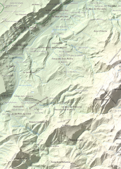 Mapa de relieve de Moleta de les Canals, 1070 m, Baix Ebre · Terra Alta, lámina 100 Cims de Trobart. Detalle de la zona superior izquierda. 50 × 70 cm.