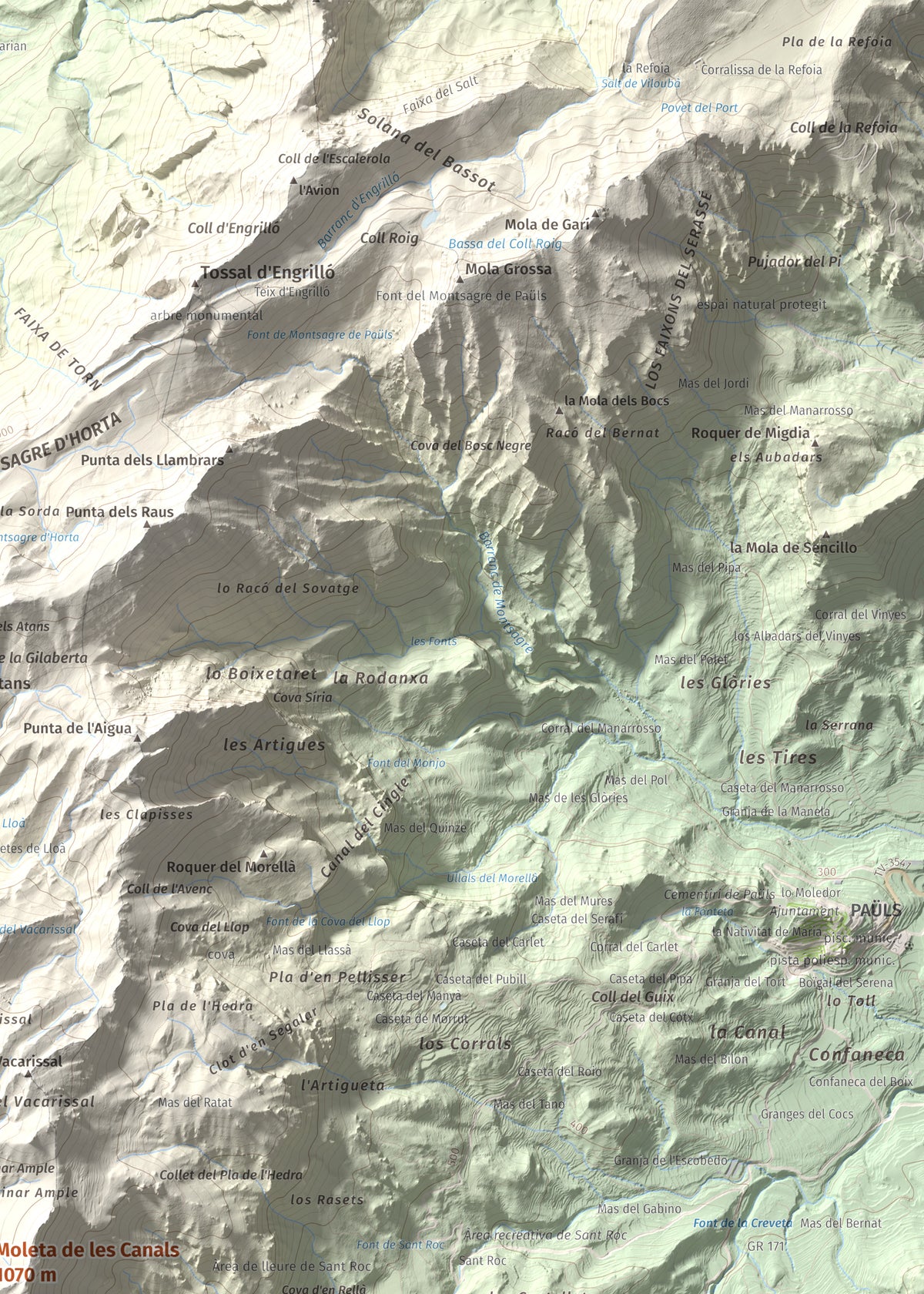 Mapa de relieve de Moleta de les Canals, 1070 m, Baix Ebre · Terra Alta, lámina 100 Cims de Trobart. Detalle de la zona superior derecha. 50 × 70 cm.