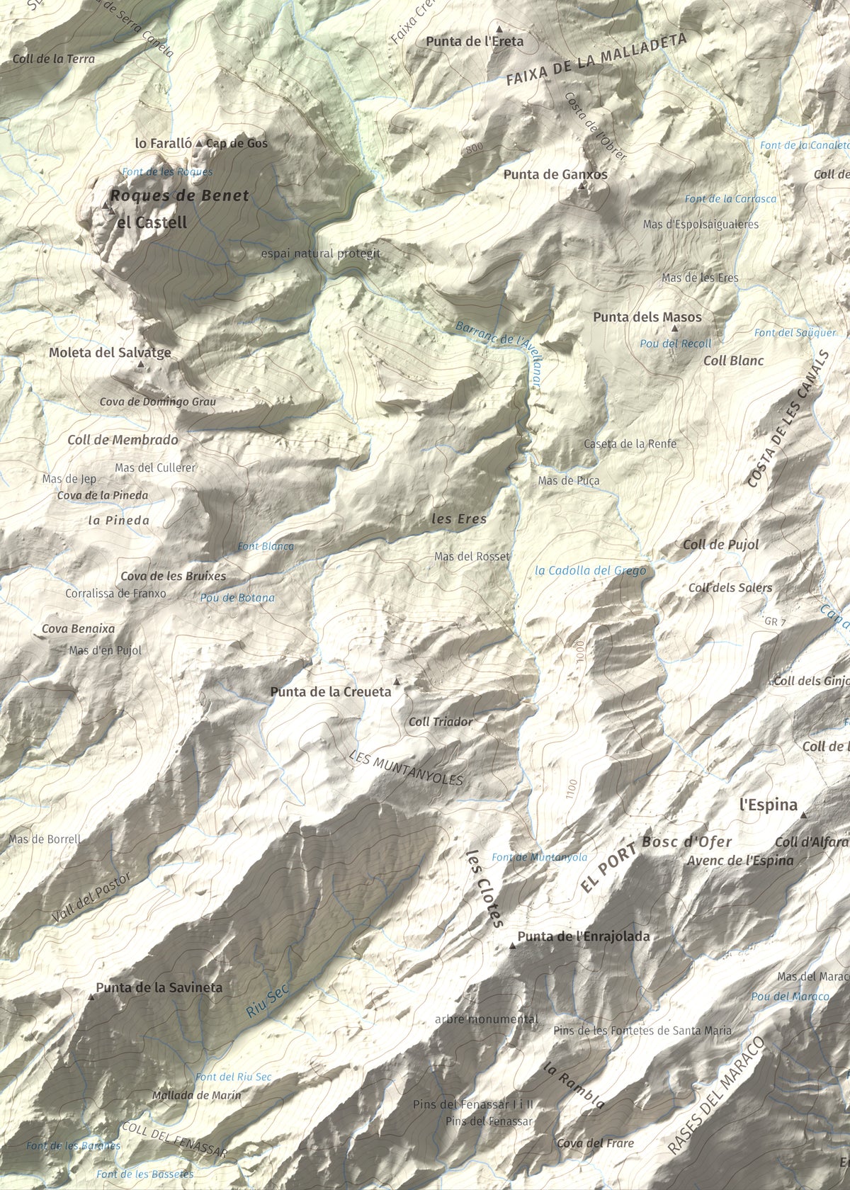 Mapa de relieve de Moleta de les Canals, 1070 m, Baix Ebre · Terra Alta, lámina 100 Cims de Trobart. Detalle de la zona inferior izquierda. 50 × 70 cm.