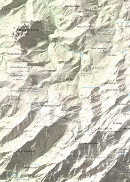 Mapa de relieve de Moleta de les Canals, 1070 m, Baix Ebre · Terra Alta, lámina 100 Cims de Trobart. Detalle de la zona inferior izquierda. 50 × 70 cm.