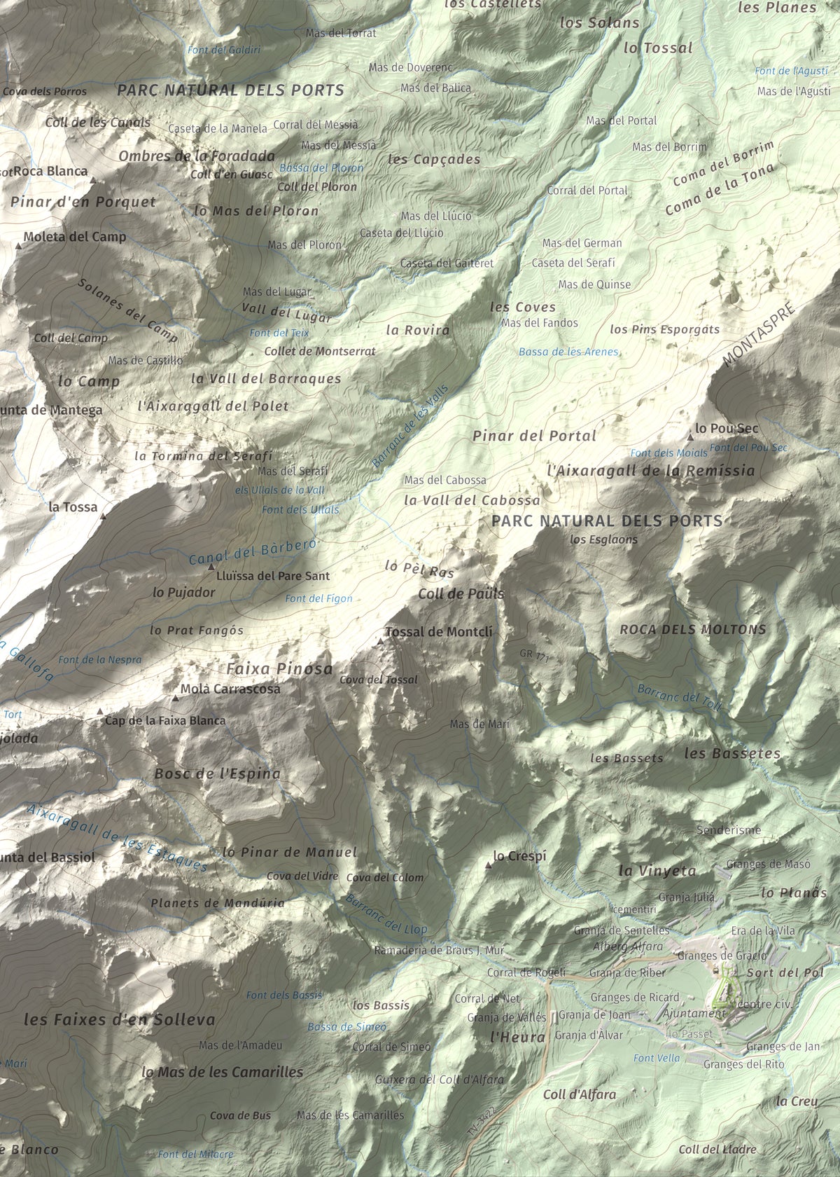 Mapa de relieve de Moleta de les Canals, 1070 m, Baix Ebre · Terra Alta, lámina 100 Cims de Trobart. Detalle de la zona inferior derecha. 50 × 70 cm.