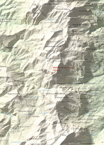 Mapa de relieve de Moleta de les Canals, 1070 m, Baix Ebre · Terra Alta, lámina 100 Cims de Trobart. Detalle de la zona central. 50 × 70 cm.