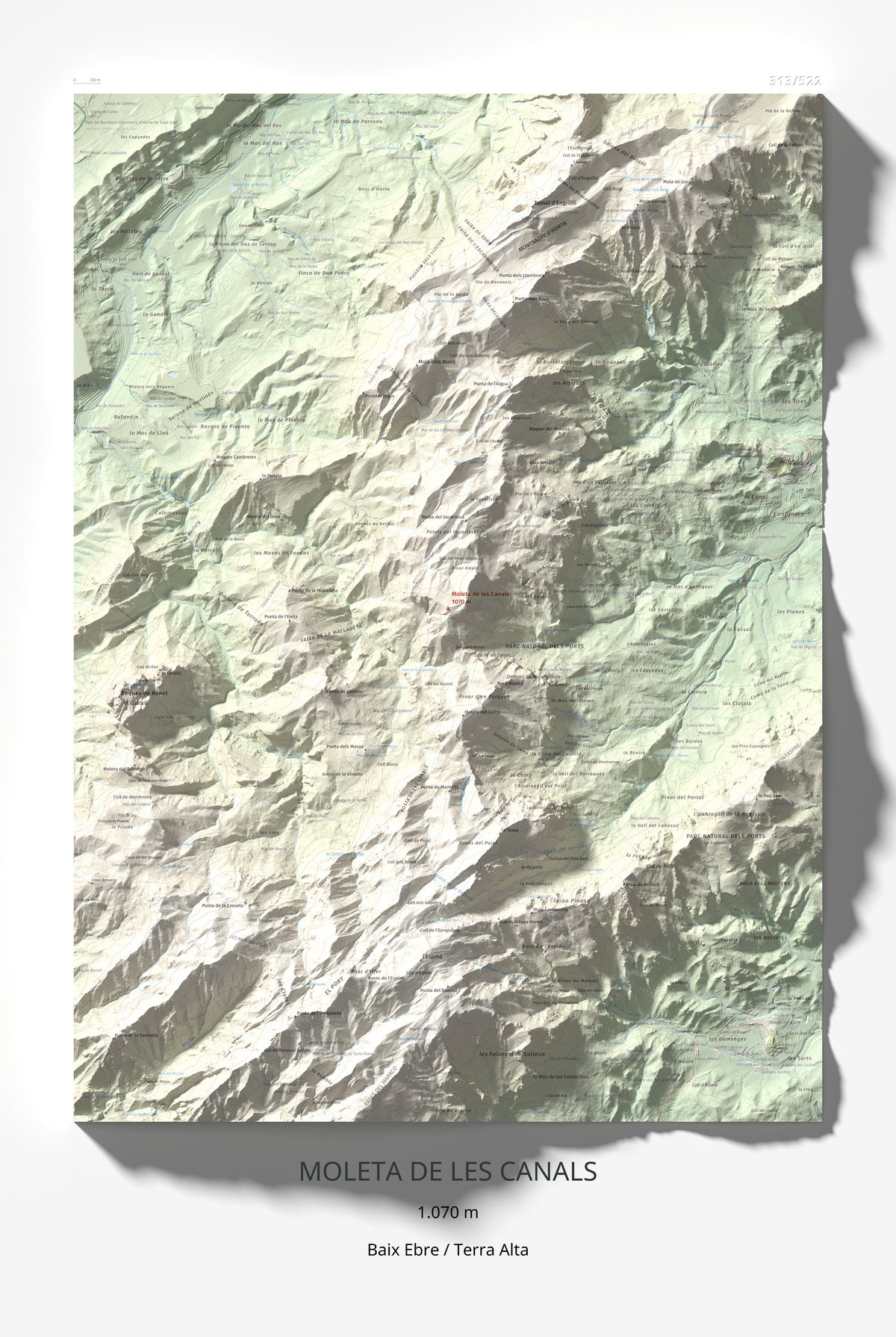 Mapa de relieve de Moleta de les Canals, 1070 m, Baix Ebre · Terra Alta, lámina 100 Cims de Trobart 61 × 91 cm.