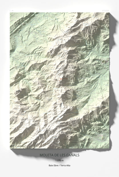Mapa de relieve de Moleta de les Canals, 1070 m, Baix Ebre · Terra Alta, lámina 100 Cims de Trobart 61 × 91 cm.