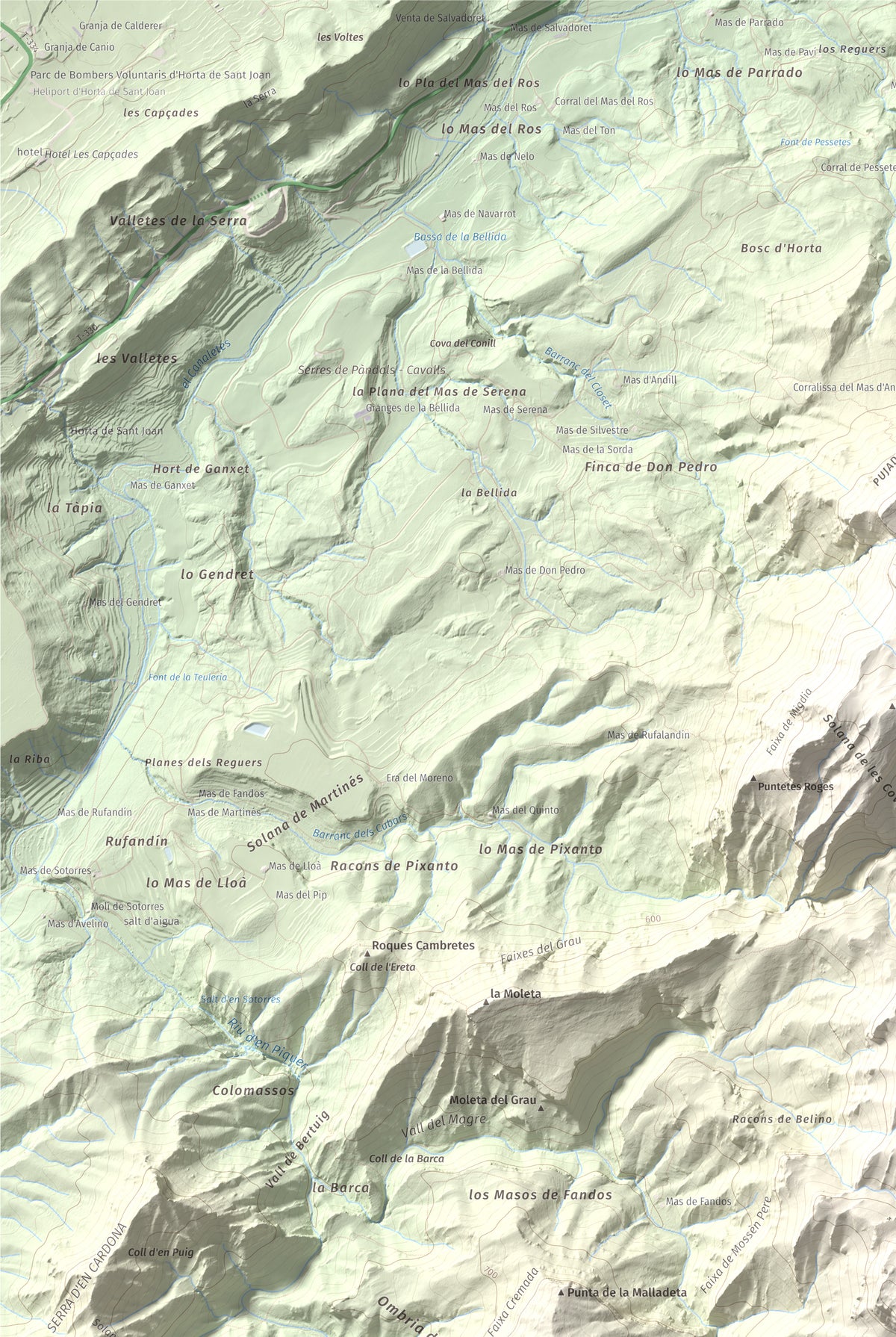 Mapa de relieve de Moleta de les Canals, 1070 m, Baix Ebre · Terra Alta, lámina 100 Cims de Trobart. Detalle de la zona superior izquierda. 61 × 91 cm.