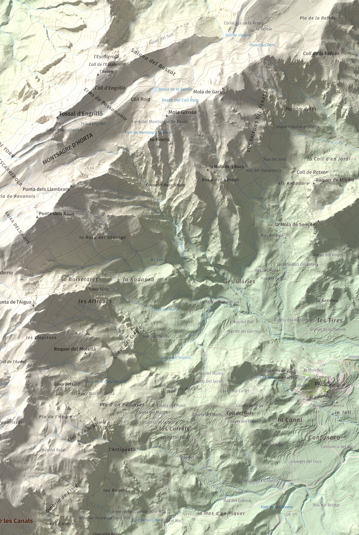 Mapa de relieve de Moleta de les Canals, 1070 m, Baix Ebre · Terra Alta, lámina 100 Cims de Trobart. Detalle de la zona superior derecha. 61 × 91 cm.