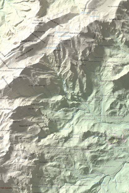 Mapa de relieve de Moleta de les Canals, 1070 m, Baix Ebre · Terra Alta, lámina 100 Cims de Trobart. Detalle de la zona superior derecha. 61 × 91 cm.