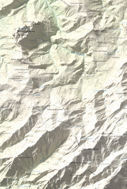 Mapa de relieve de Moleta de les Canals, 1070 m, Baix Ebre · Terra Alta, lámina 100 Cims de Trobart. Detalle de la zona inferior izquierda. 61 × 91 cm.