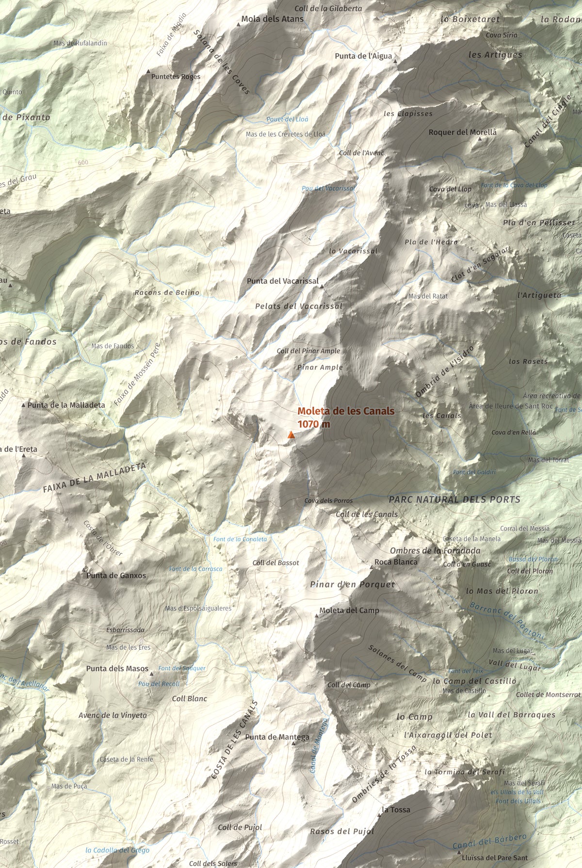 Mapa de relieve de Moleta de les Canals, 1070 m, Baix Ebre · Terra Alta, lámina 100 Cims de Trobart. Detalle de la zona central. 61 × 91 cm.