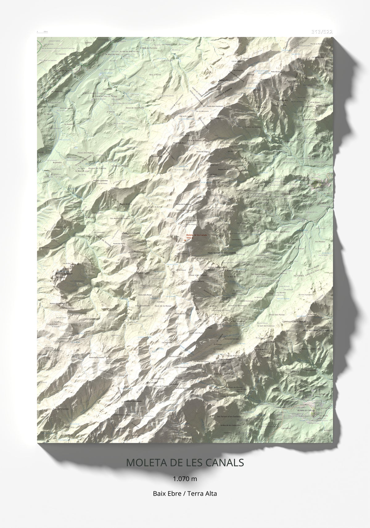 Mapa de relieve de Moleta de les Canals, 1070 m, Baix Ebre · Terra Alta, lámina 100 Cims de Trobart 70 × 100 cm.