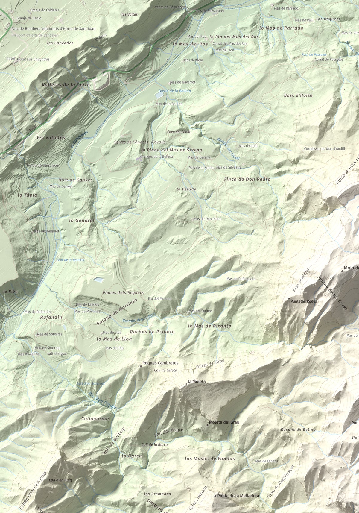 Mapa de relieve de Moleta de les Canals, 1070 m, Baix Ebre · Terra Alta, lámina 100 Cims de Trobart. Detalle de la zona superior izquierda. 70 × 100 cm.