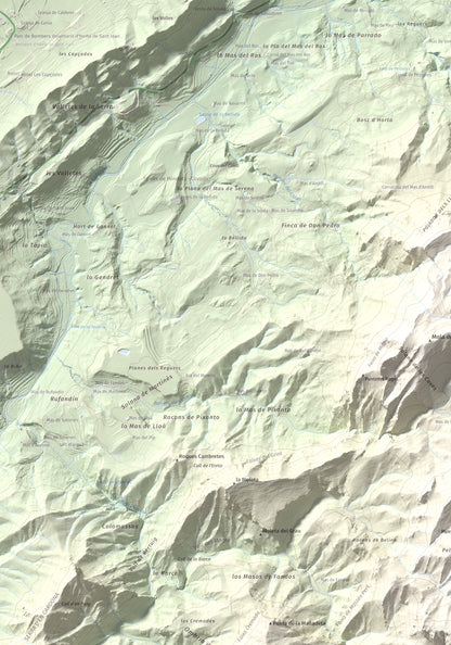 Mapa de relieve de Moleta de les Canals, 1070 m, Baix Ebre · Terra Alta, lámina 100 Cims de Trobart. Detalle de la zona superior izquierda. 70 × 100 cm.