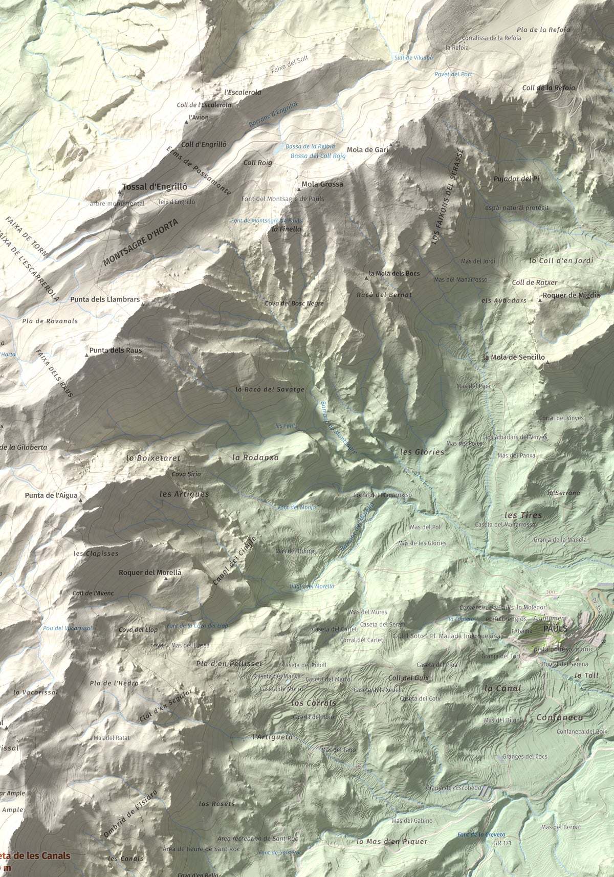 Mapa de relieve de Moleta de les Canals, 1070 m, Baix Ebre · Terra Alta, lámina 100 Cims de Trobart. Detalle de la zona superior derecha. 70 × 100 cm.