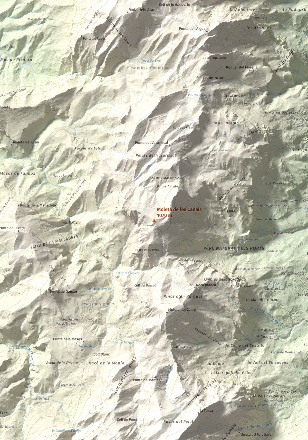 Mapa de relieve de Moleta de les Canals, 1070 m, Baix Ebre · Terra Alta, lámina 100 Cims de Trobart. Detalle de la zona central. 70 × 100 cm.