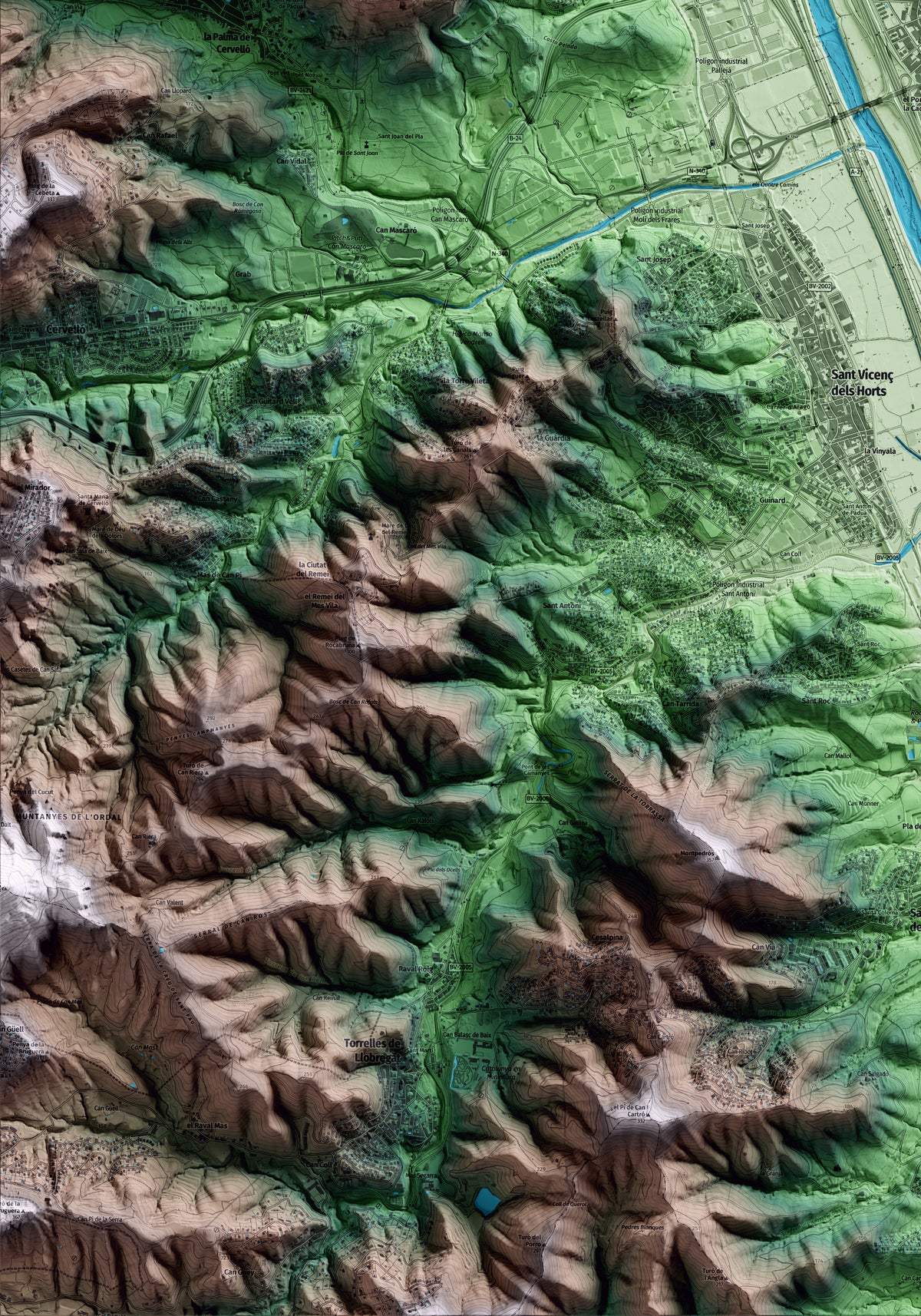 Mapa artístico del relieve de Molins de Rei, al Baix Llobregat, con 15 km de entorno y base topográfica ICGC. Detalle de la zona inferior izquierda.