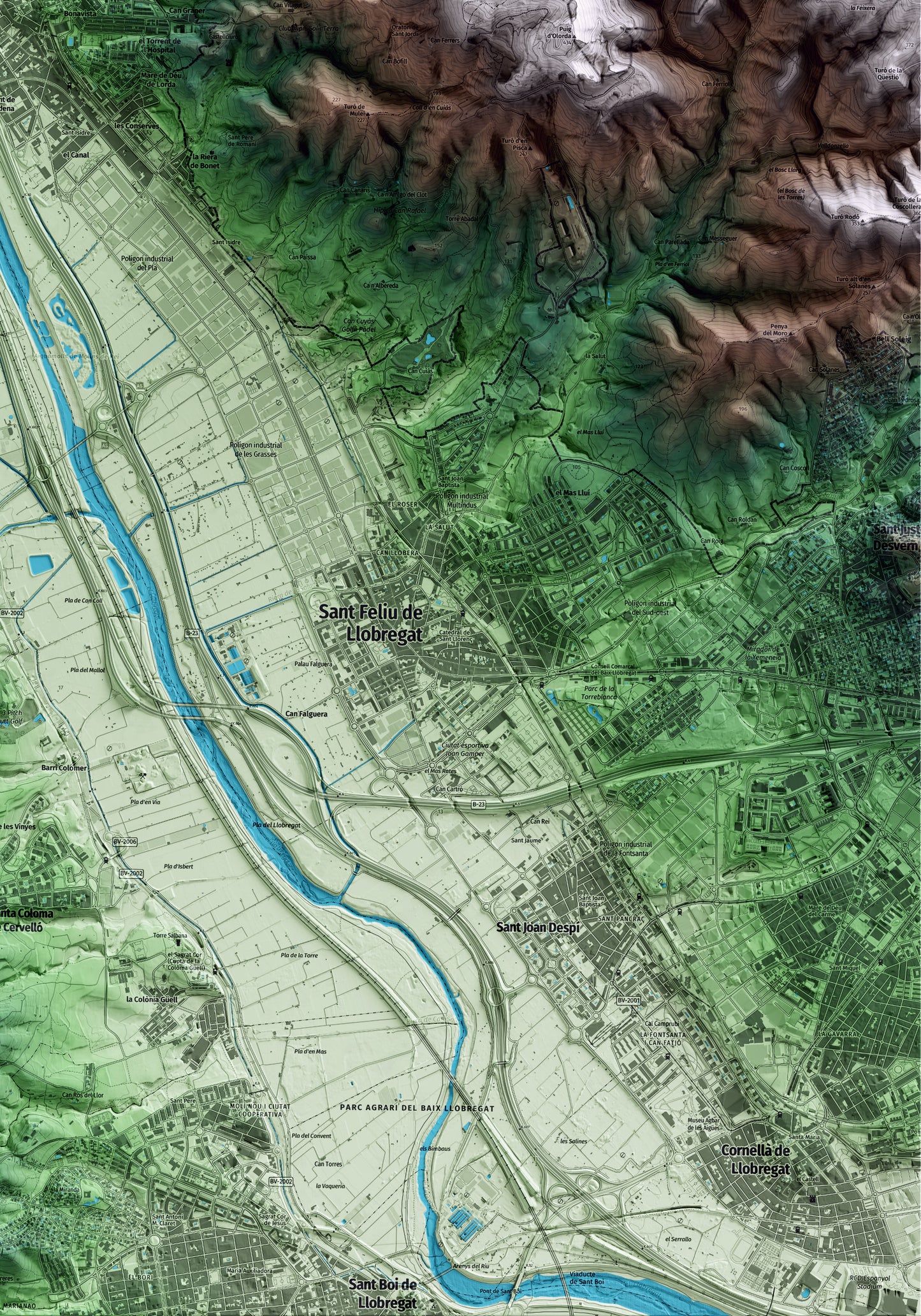 Mapa artístico del relieve de Molins de Rei, al Baix Llobregat, con 15 km de entorno y base topográfica ICGC. Detalle de la zona inferior derecha.