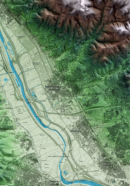 Mapa artístico del relieve de Molins de Rei, al Baix Llobregat, con 15 km de entorno y base topográfica ICGC. Detalle de la zona inferior derecha.