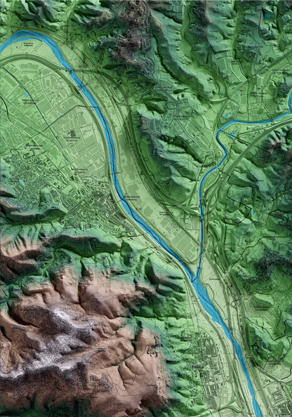 Mapa artístico del relieve de Molins de Rei, al Baix Llobregat, con 15 km de entorno y base topográfica ICGC. Detalle de la zona superior izquierda.
