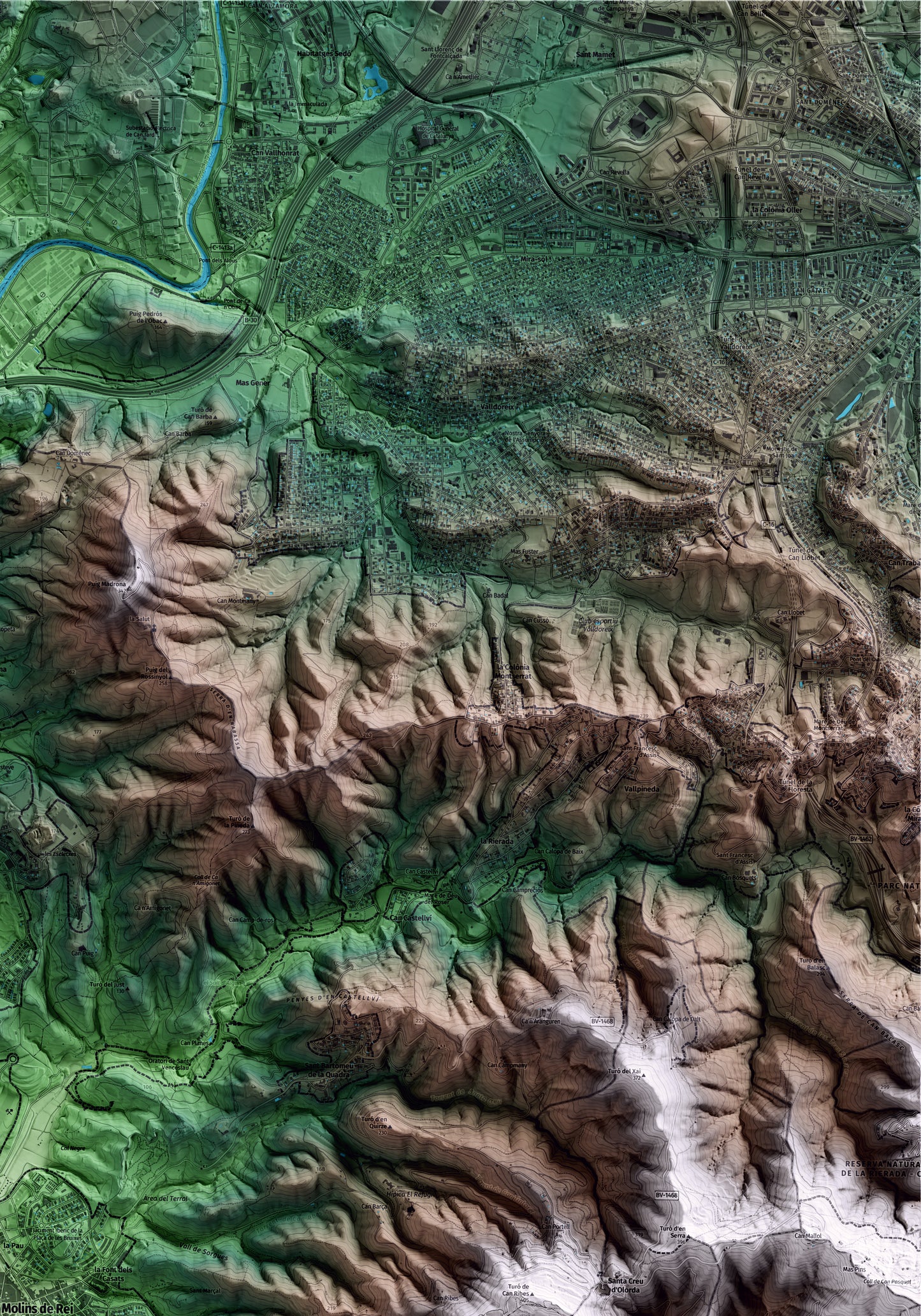 Mapa artístico del relieve de Molins de Rei, al Baix Llobregat, con 15 km de entorno y base topográfica ICGC. Detalle de la zona superior derecha.