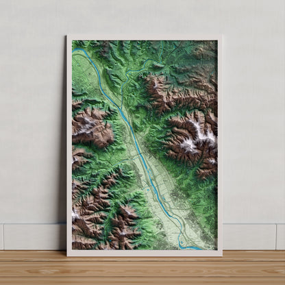 Mapa artístico del relieve de Molins de Rei, al Baix Llobregat, con 15 km de entorno y base topográfica ICGC. Presentación enmarcada.