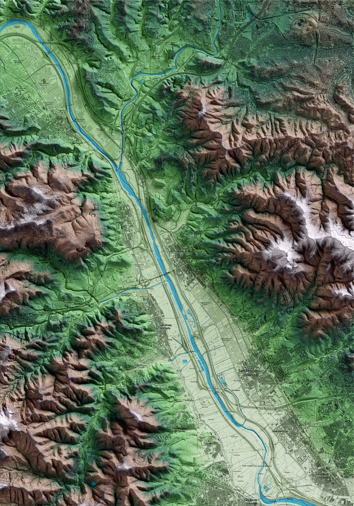Mapa artístico del relieve de Molins de Rei, al Baix Llobregat, con 15 km de entorno y base topográfica ICGC