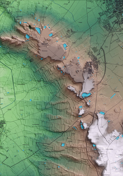 Mapa artístico del relieve de Mollerussa, en el Pla d'Urgell, con 15 km de entorno y base topográfica ICGC. Detalle de la zona inferior izquierda.