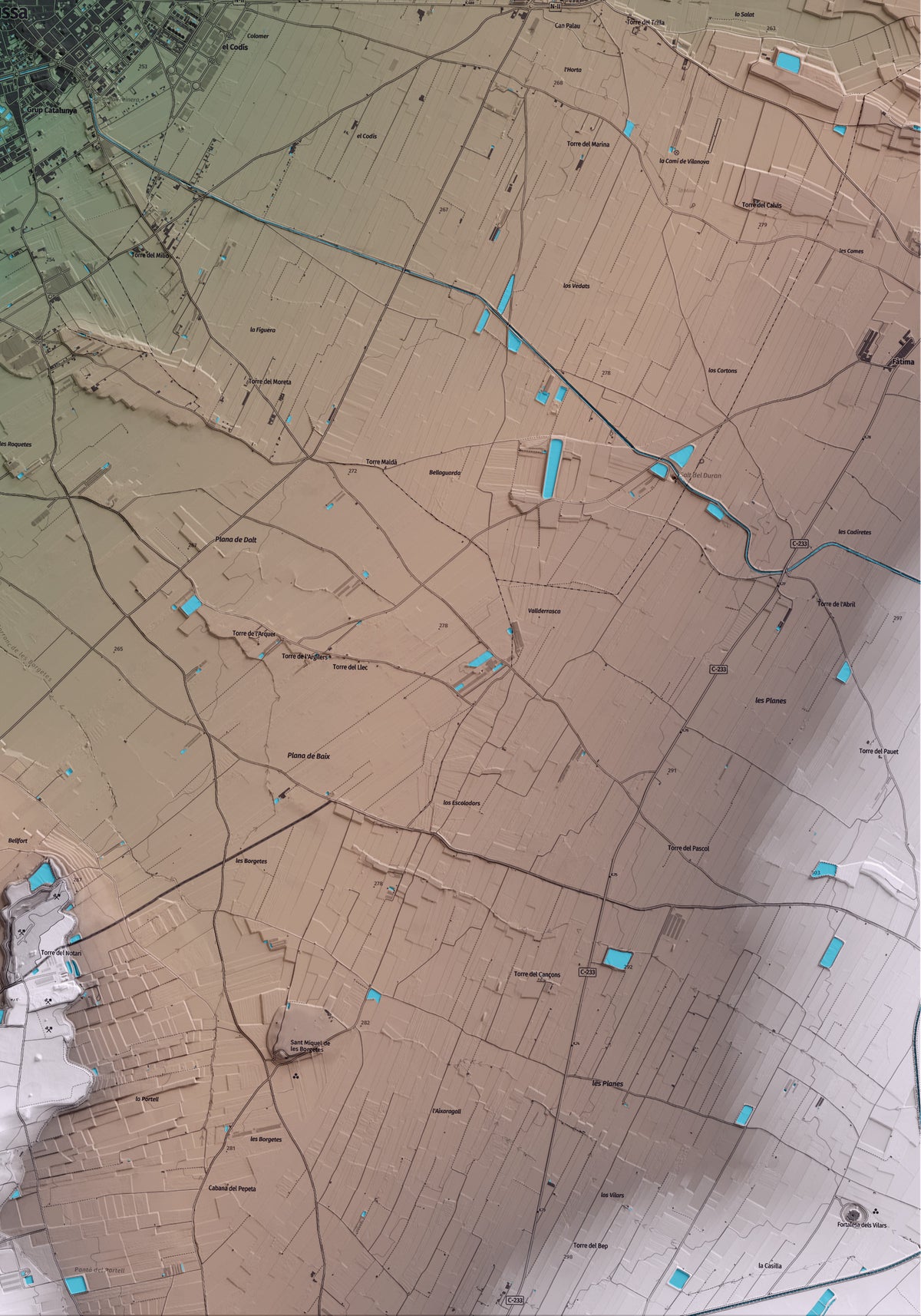 Mapa artístico del relieve de Mollerussa, en el Pla d'Urgell, con 15 km de entorno y base topográfica ICGC. Detalle de la zona inferior derecha.