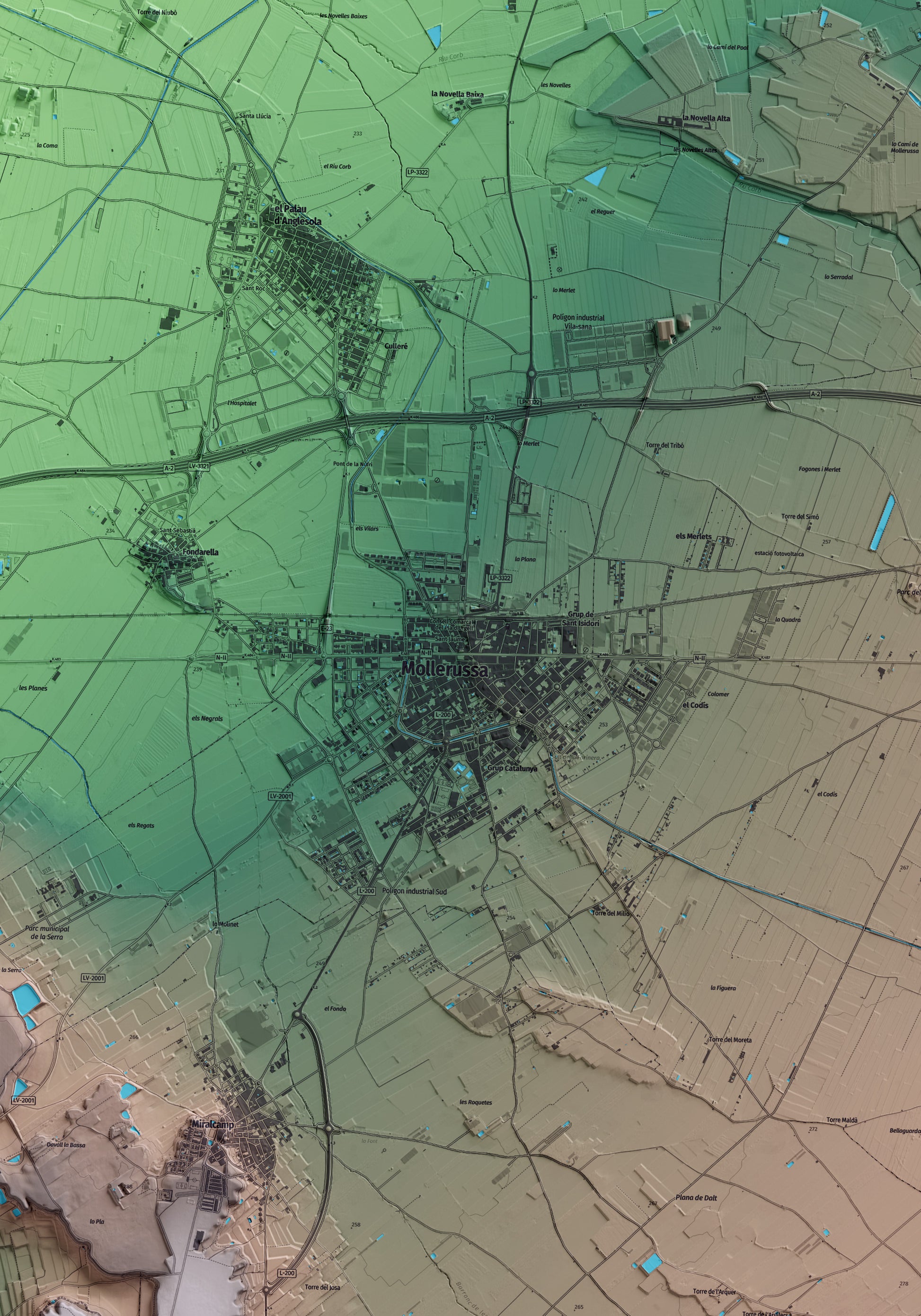 Mapa artístico del relieve de Mollerussa, en el Pla d'Urgell, con 15 km de entorno y base topográfica ICGC. Detalle de la zona central.