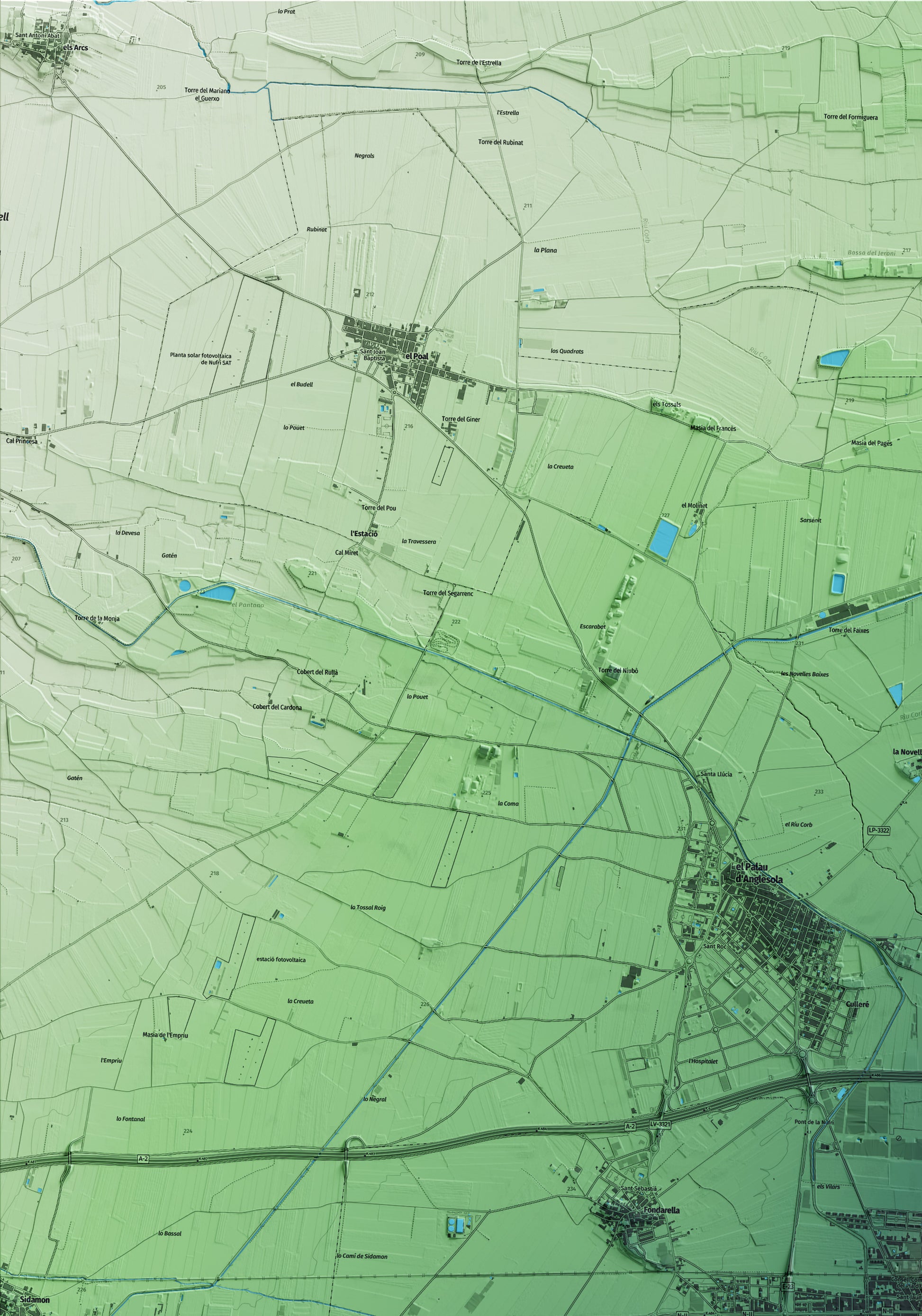 Mapa artístico del relieve de Mollerussa, en el Pla d'Urgell, con 15 km de entorno y base topográfica ICGC. Detalle de la zona superior izquierda.