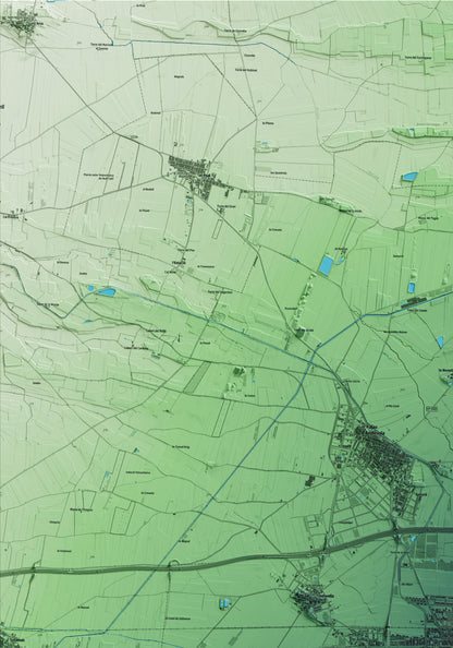 Mapa artístico del relieve de Mollerussa, en el Pla d'Urgell, con 15 km de entorno y base topográfica ICGC. Detalle de la zona superior izquierda.