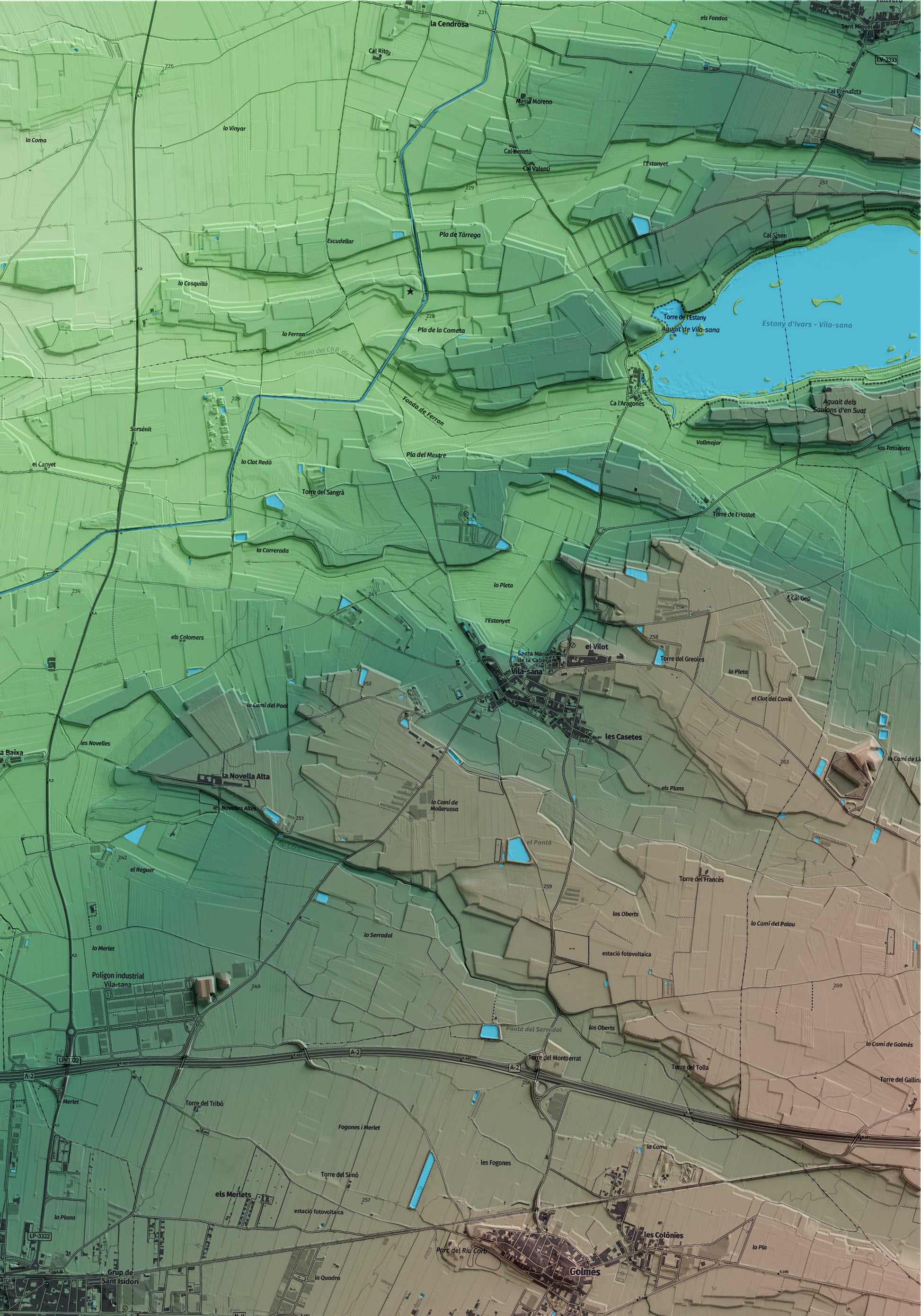 Mapa artístico del relieve de Mollerussa, en el Pla d'Urgell, con 15 km de entorno y base topográfica ICGC. Detalle de la zona superior derecha.