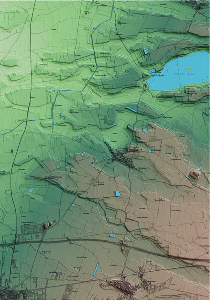 Mapa artístico del relieve de Mollerussa, en el Pla d'Urgell, con 15 km de entorno y base topográfica ICGC. Detalle de la zona superior derecha.