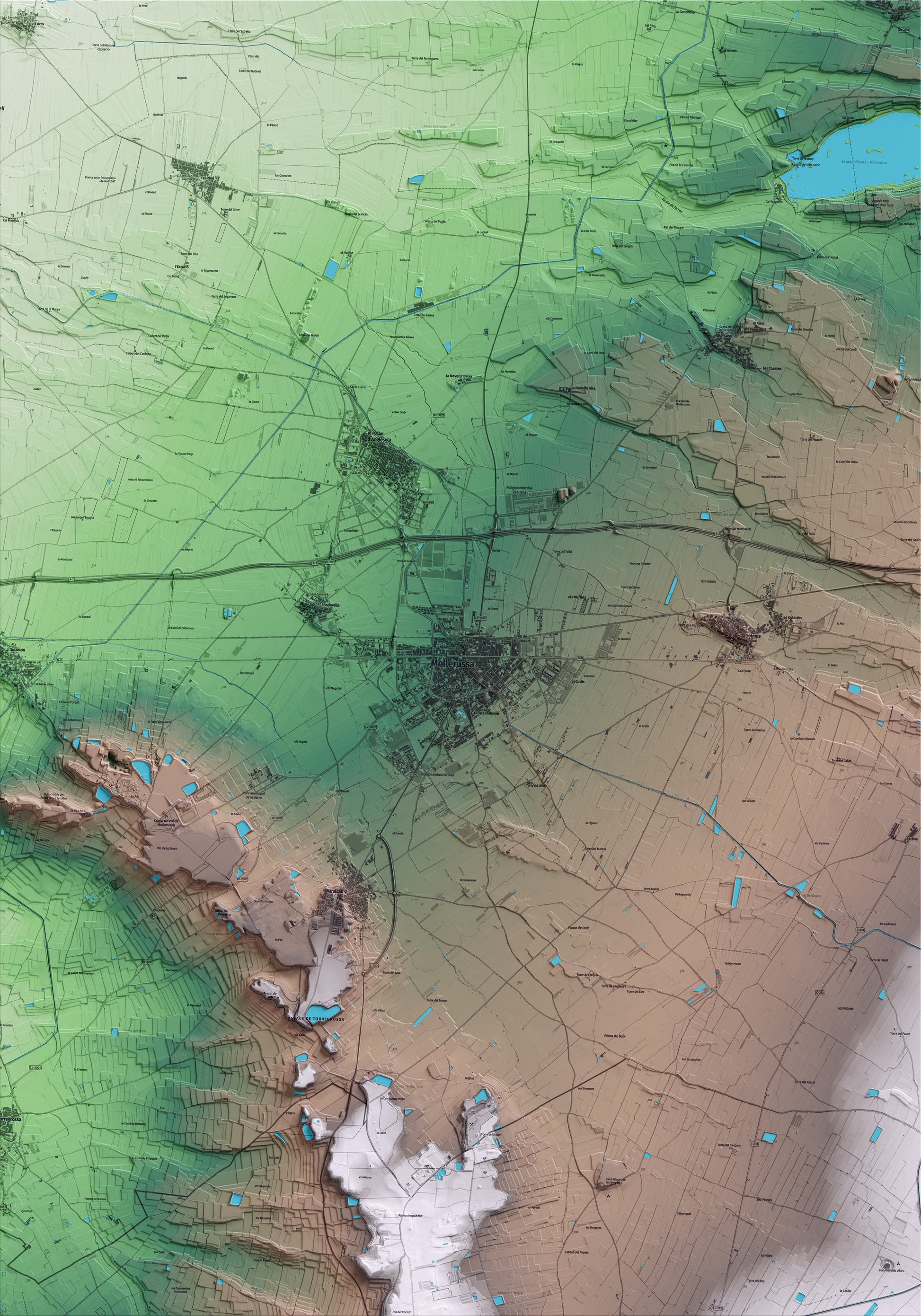 Mapa artístico del relieve de Mollerussa, en el Pla d'Urgell, con 15 km de entorno y base topográfica ICGC