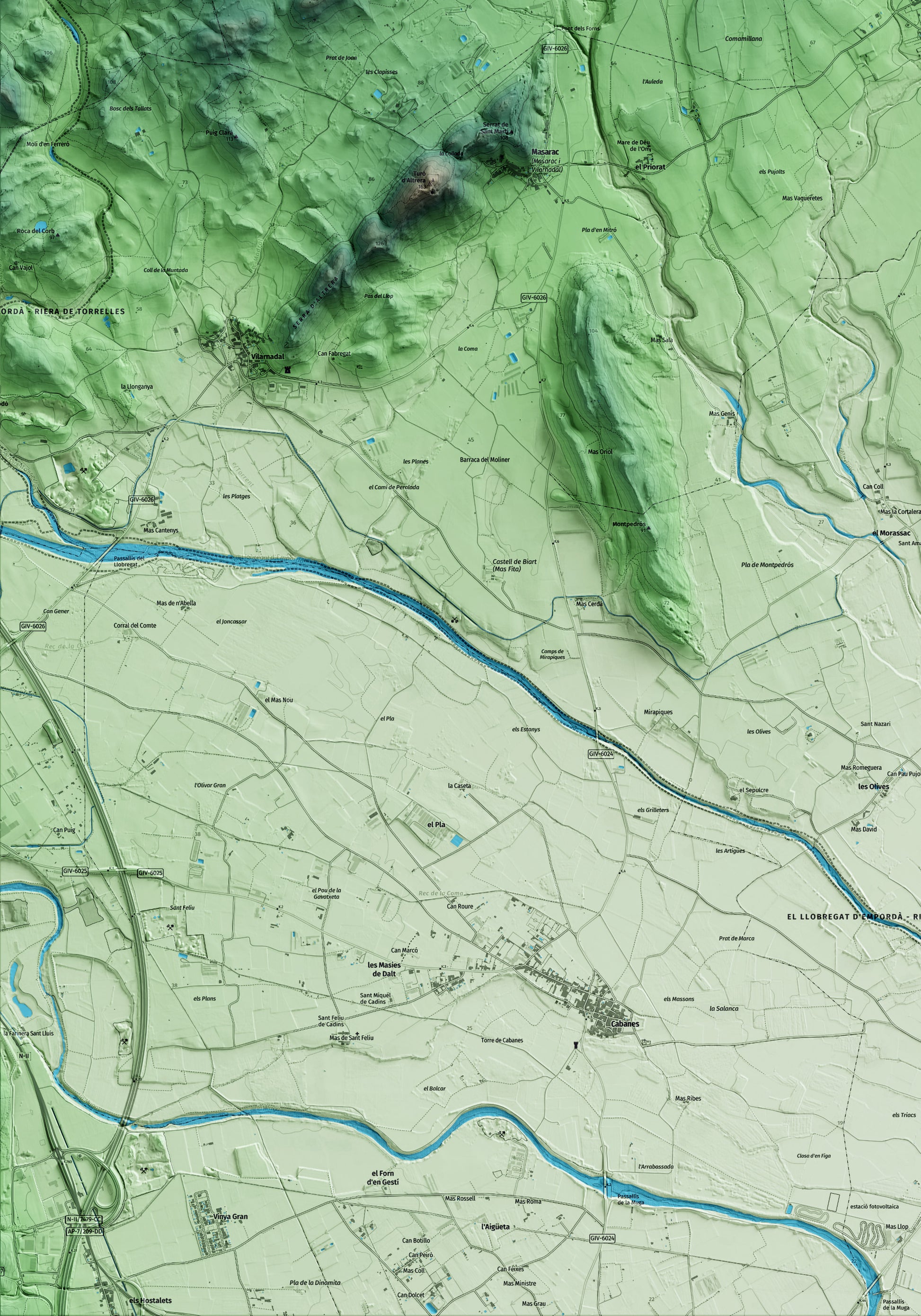 Mapa artístico del relieve de Mollet de Peralada, al Alt Empordà, con 15 km de entorno y base topográfica ICGC. Detalle de la zona inferior izquierda.