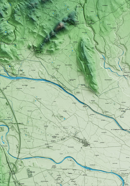 Mapa artístico del relieve de Mollet de Peralada, al Alt Empordà, con 15 km de entorno y base topográfica ICGC. Detalle de la zona inferior izquierda.