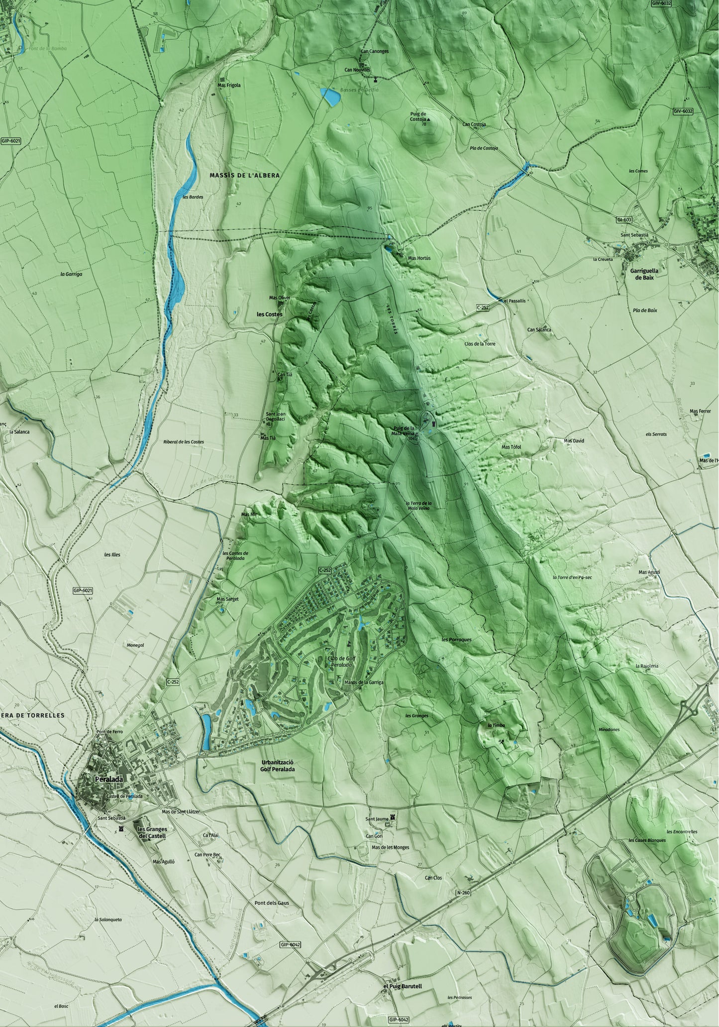 Mapa artístico del relieve de Mollet de Peralada, al Alt Empordà, con 15 km de entorno y base topográfica ICGC. Detalle de la zona inferior derecha.