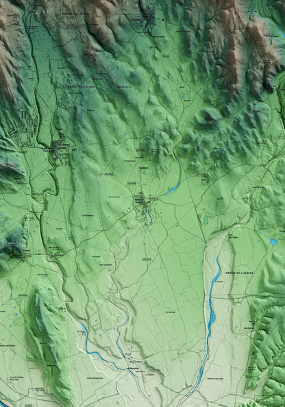 Mapa artístico del relieve de Mollet de Peralada, al Alt Empordà, con 15 km de entorno y base topográfica ICGC. Detalle de la zona central.
