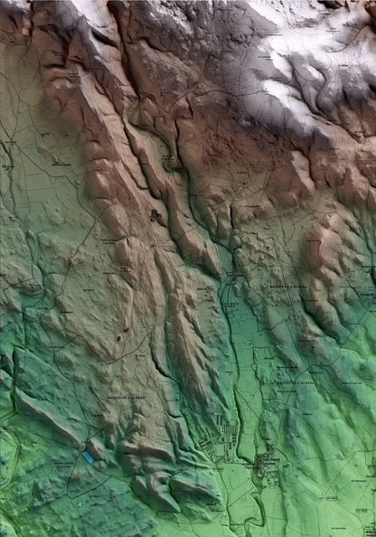 Mapa artístico del relieve de Mollet de Peralada, al Alt Empordà, con 15 km de entorno y base topográfica ICGC. Detalle de la zona superior izquierda.